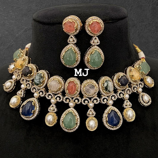 Sabhyasachi Inspired Luxury Multicolor Natural Stone Necklace Set with Earrings | Bridal Statement Jewellery India