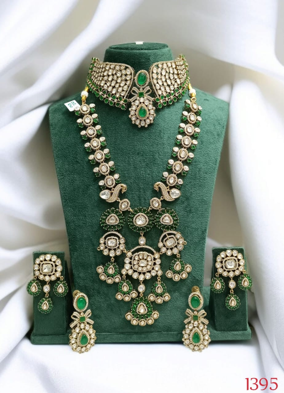 Green & Gold Finish Polki Kundan Necklace Bridal Set by Mercy Jewels