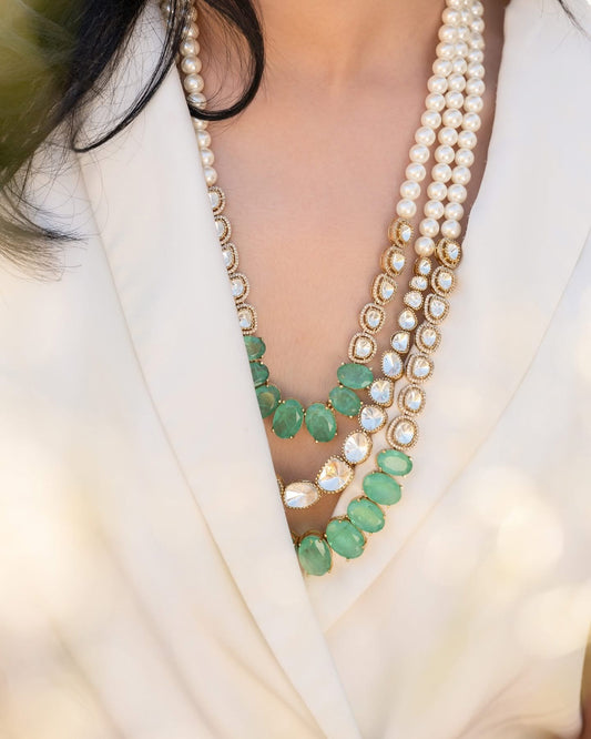 Polki Stone Pearl Long Mala – Elegant Traditional Jewelry by Mercy Jewels