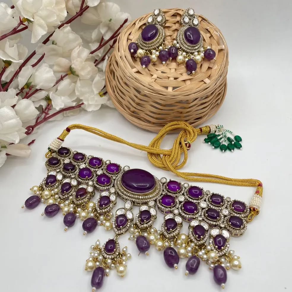 Victorian Emerald Green Kundan Choker Jadau Jewelry Set