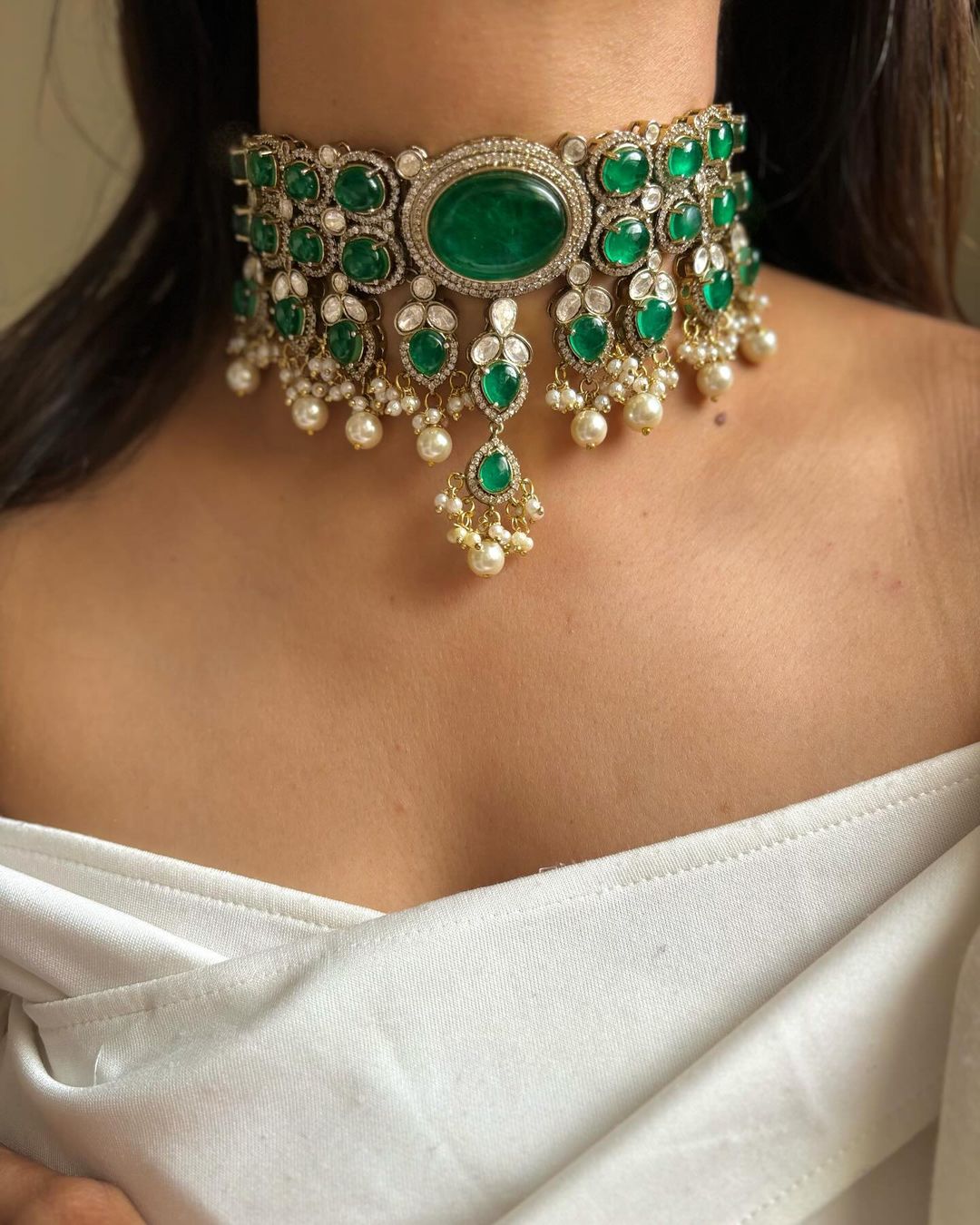 Victorian Emerald Green Kundan Choker Jadau Jewelry Set