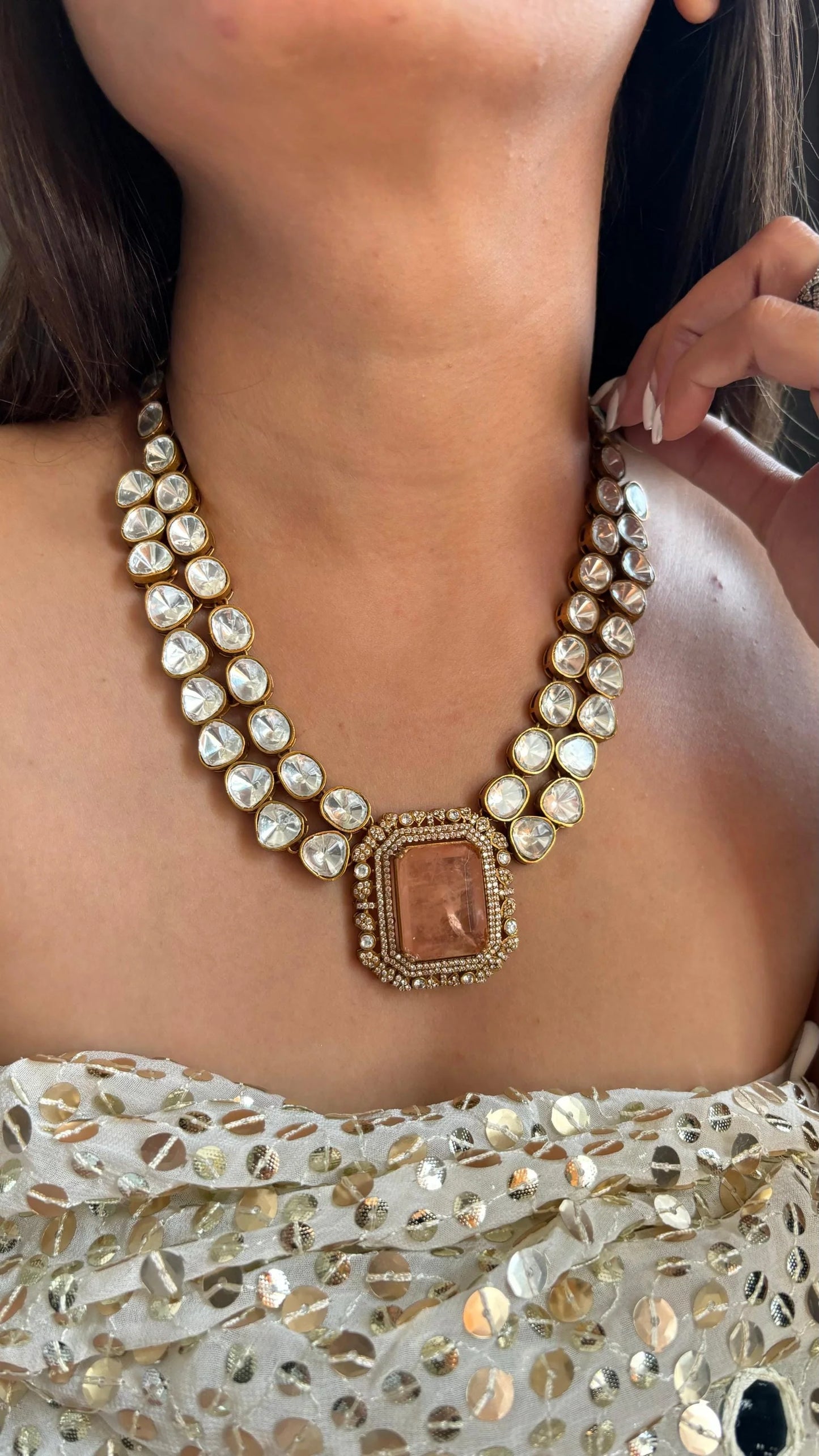 Double Layer Polki Necklace Set & Earrings – Elegant Ethnic Jewelry by Mercy Jewels