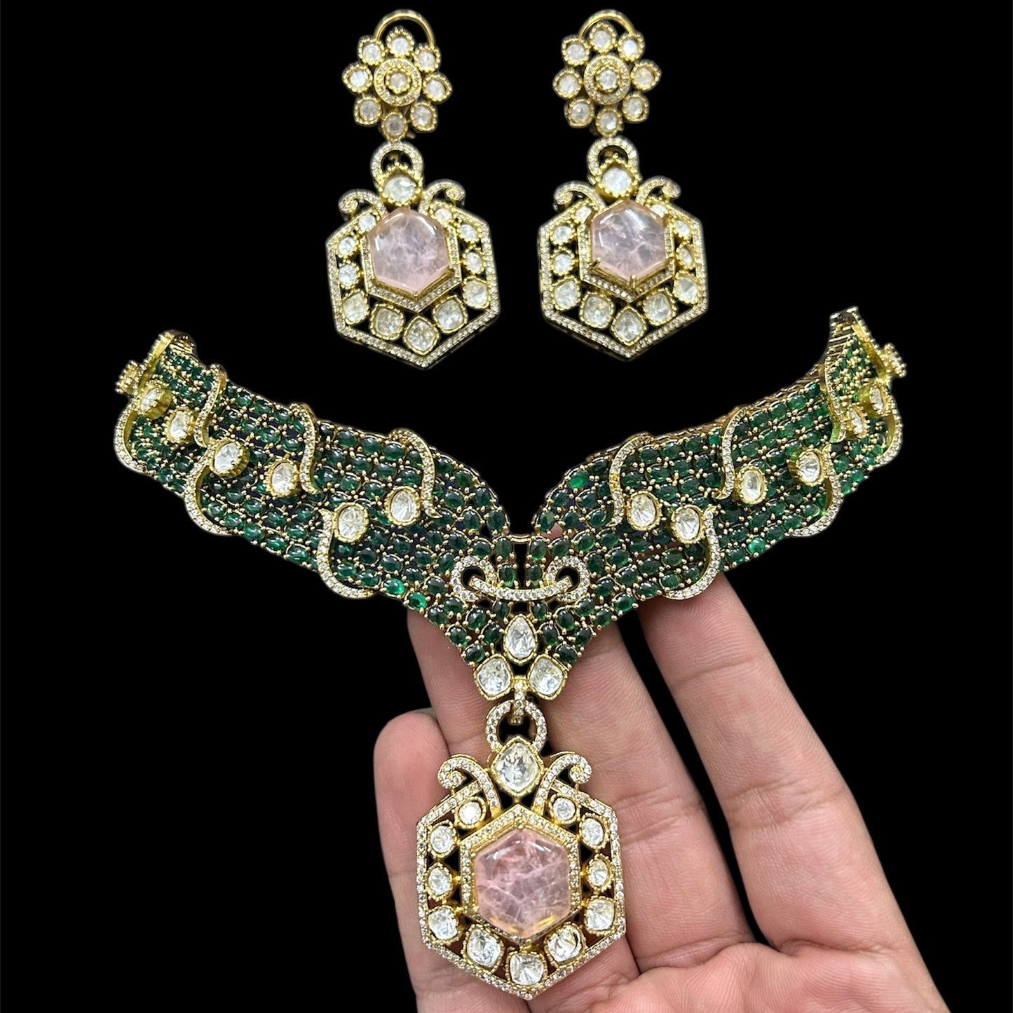 Polki Diamond Necklace Sabyasachi Inspired Green Ruby Kundan Doublet jewelry Moissanite Indian Bridal Choker