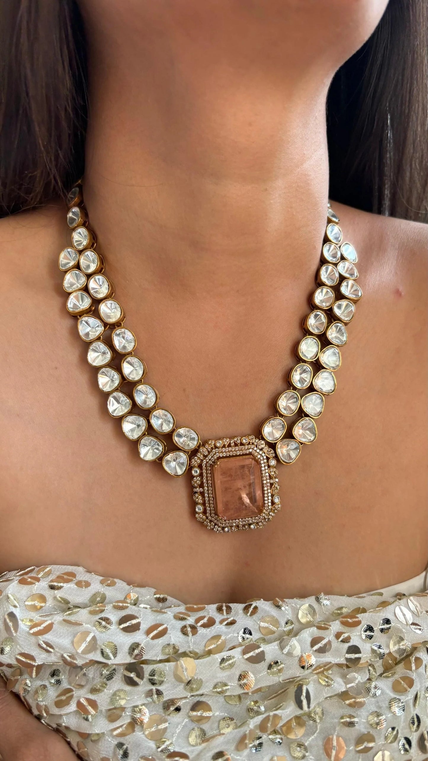 Double Layer Polki Necklace Set & Earrings – Elegant Ethnic Jewelry by Mercy Jewels