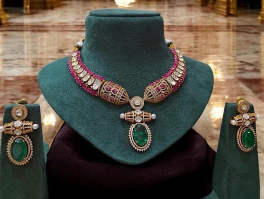 Luxury Ruby & Emerald Gold Necklace – Bridal Antique Kundan Choker