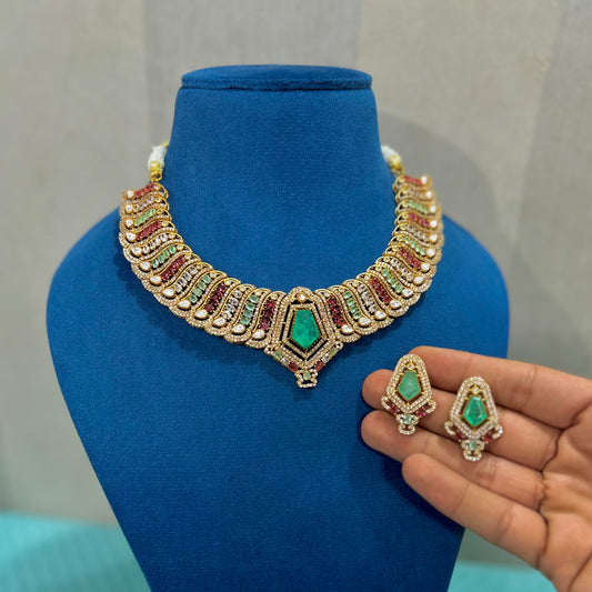 Elegant Green Stone Statement Necklace Set with Matching Earrings | Gold-Plated Bridal Jewelry