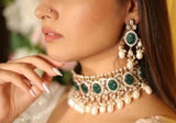 Moissanite Polki Uncut Kundan Carved Stone Necklace/Choker Earrings Tika Set