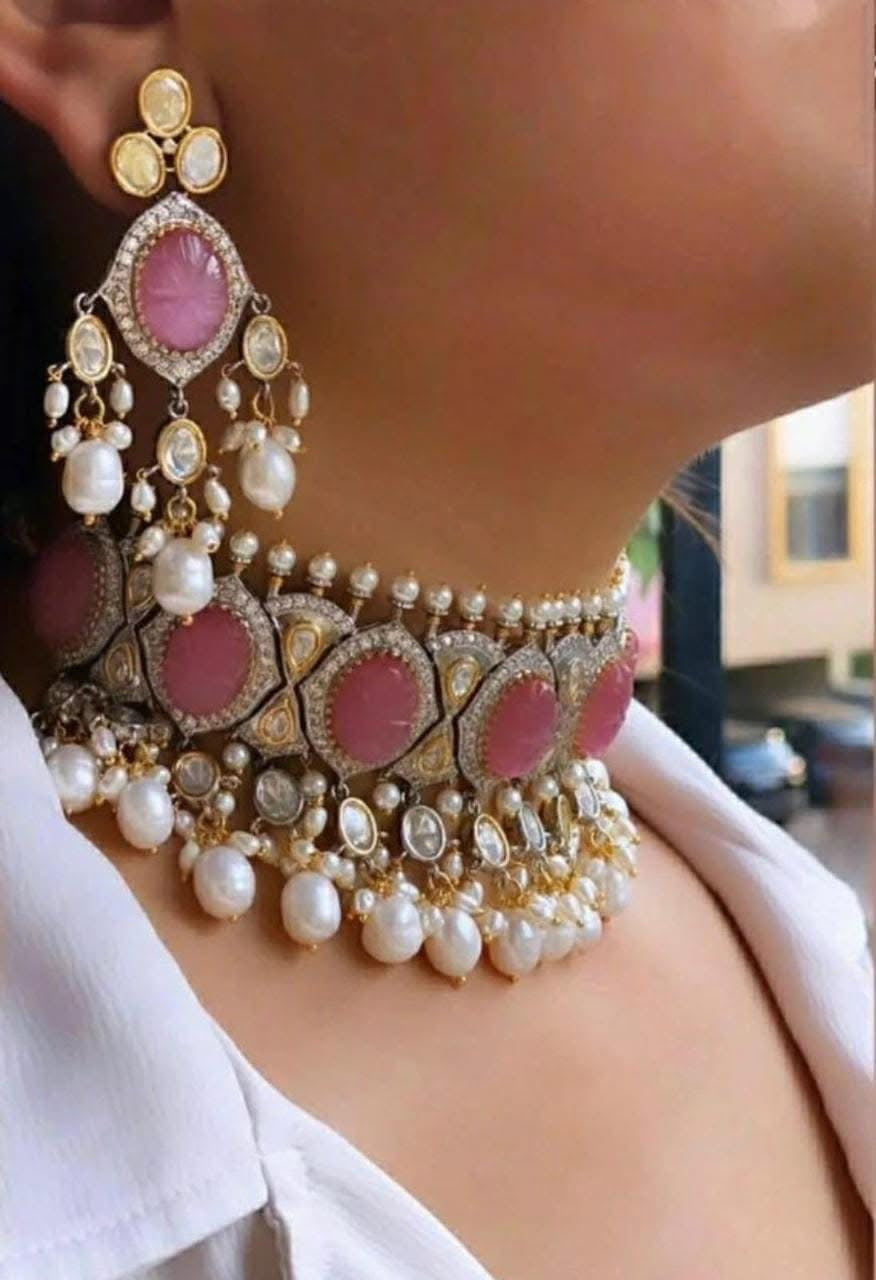 Moissanite Polki Uncut Kundan Carved Stone Necklace/Choker Earrings Tika Set