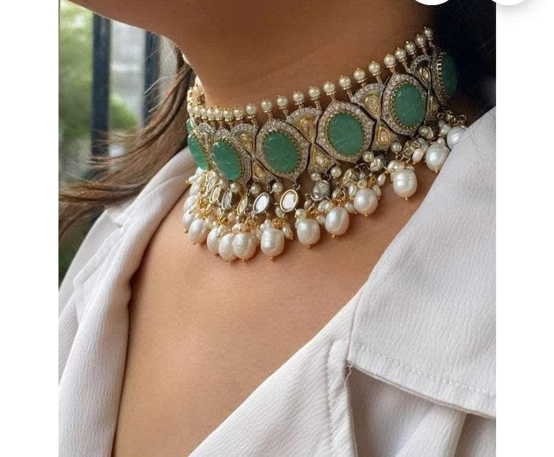 Moissanite Polki Uncut Kundan Carved Stone Necklace/Choker Earrings Tika Set