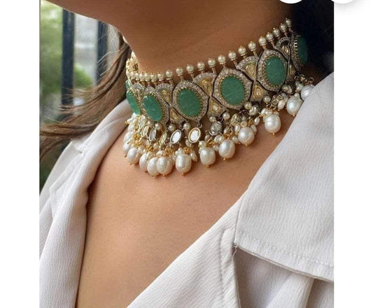 Moissanite Polki Uncut Kundan Carved Stone Necklace/Choker Earrings Tika Set