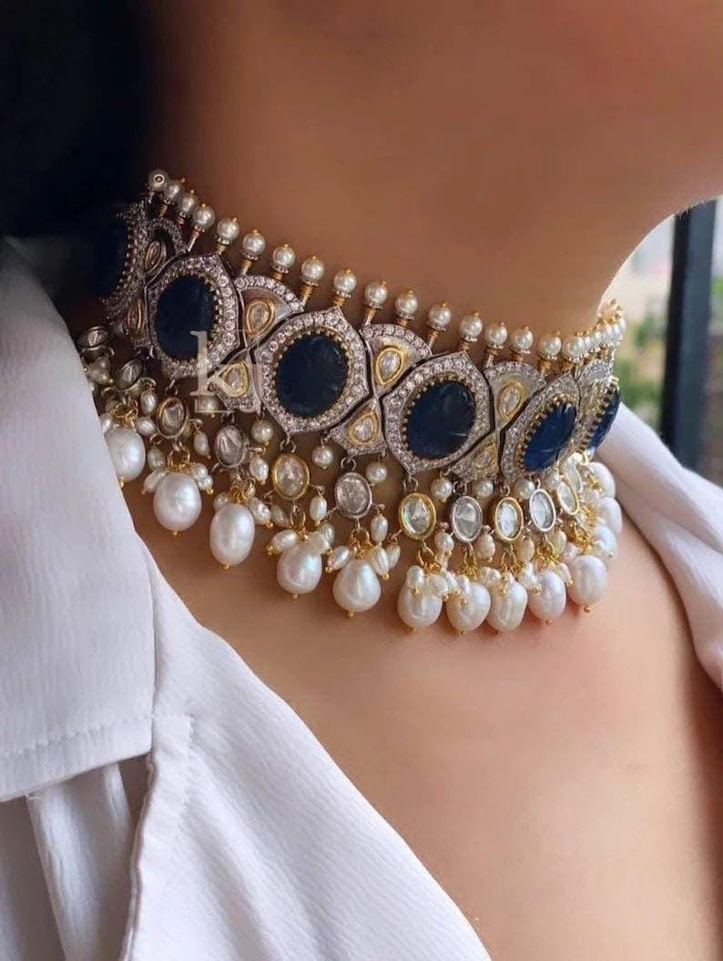 Moissanite Polki Uncut Kundan Carved Stone Necklace/Choker Earrings Tika Set
