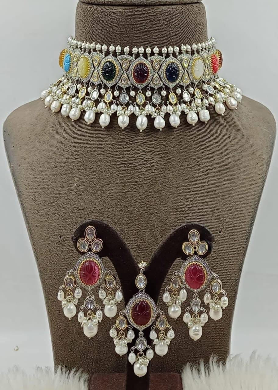 Moissanite Polki Uncut Kundan Carved Stone Necklace/Choker Earrings Tika Set