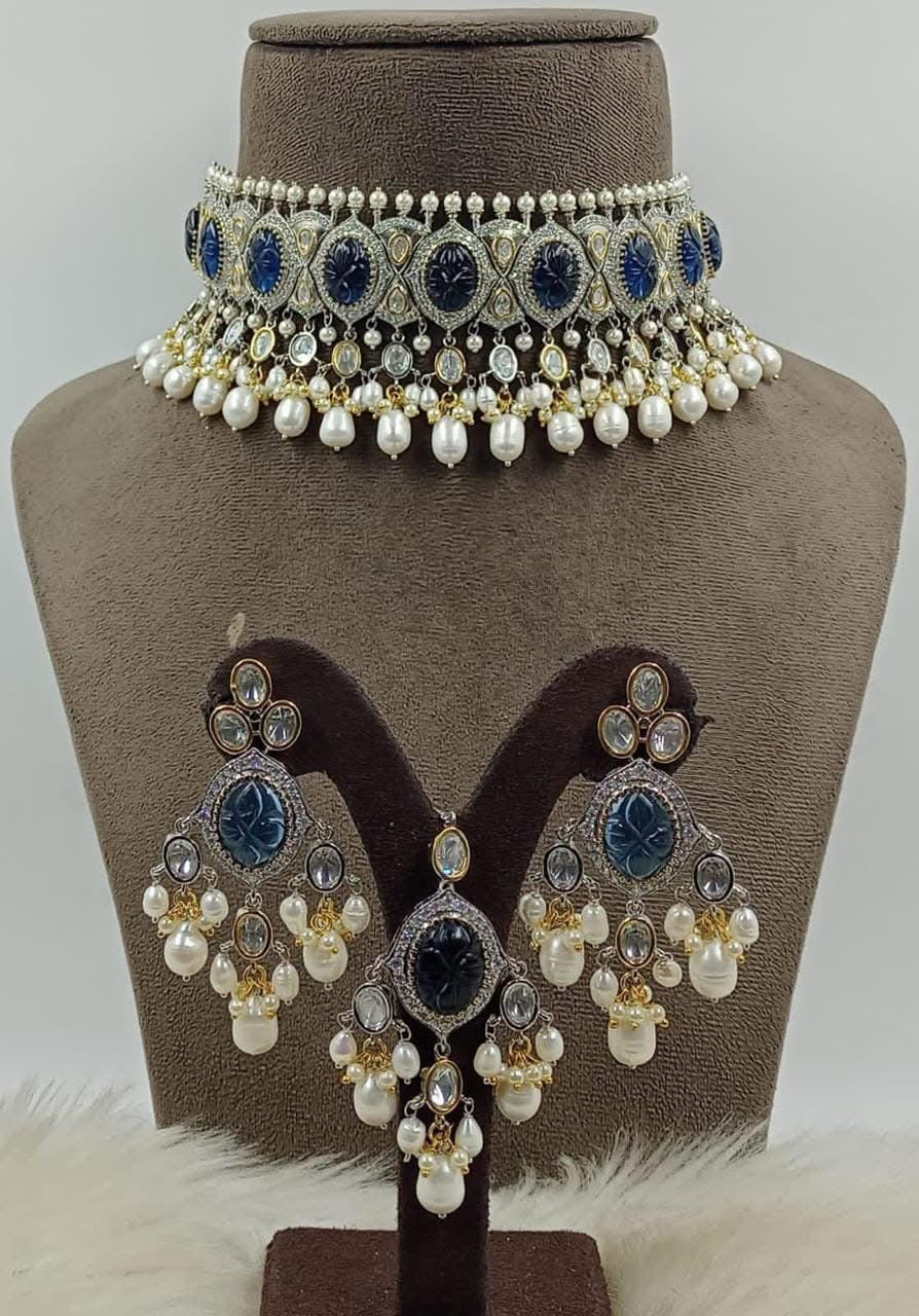 Moissanite Polki Uncut Kundan Carved Stone Necklace/Choker Earrings Tika Set