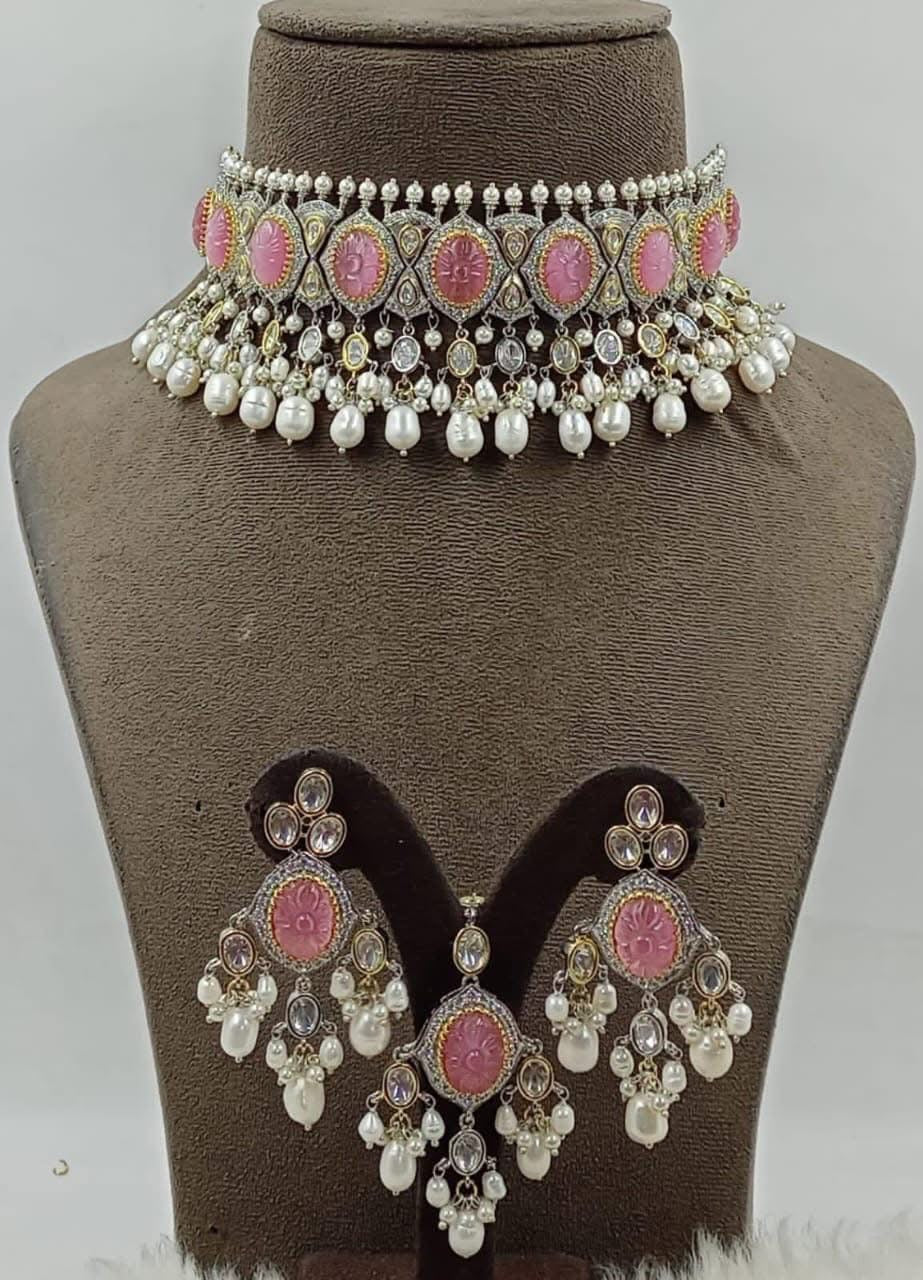 Moissanite Polki Uncut Kundan Carved Stone Necklace/Choker Earrings Tika Set