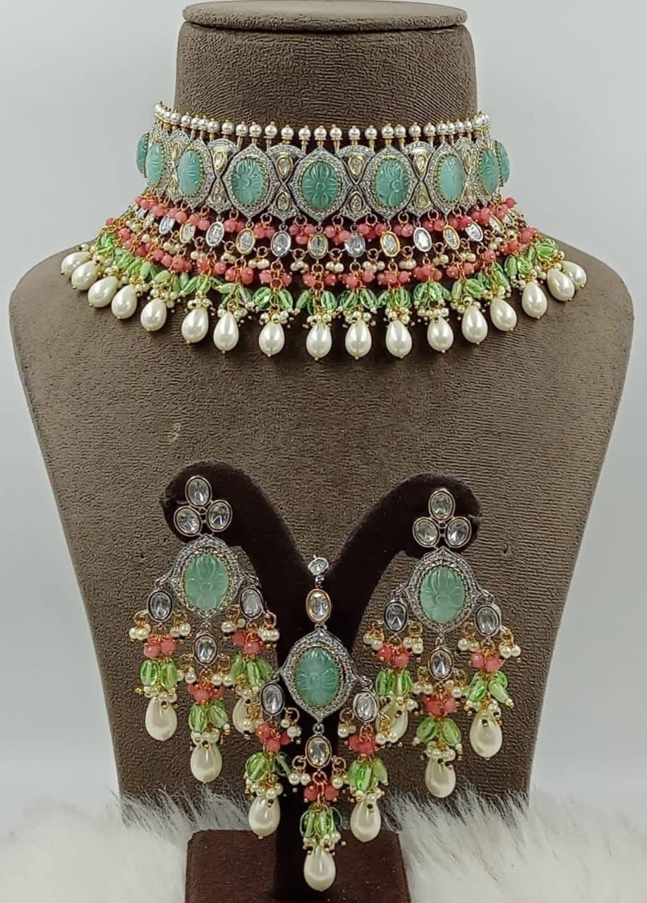 Moissanite Polki Uncut Kundan Carved Stone Necklace/Choker Earrings Tika Set