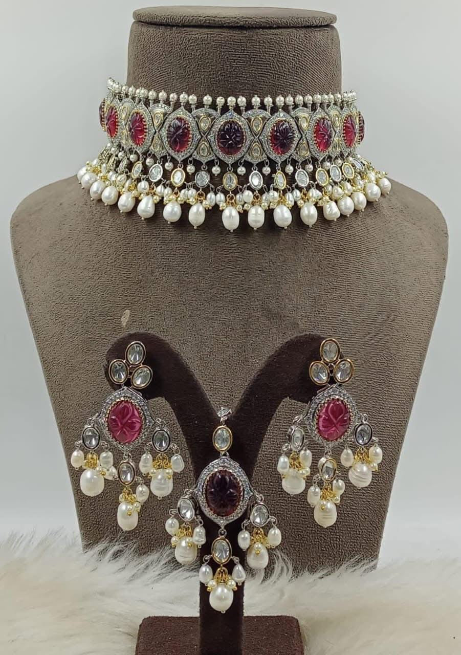 Moissanite Polki Uncut Kundan Carved Stone Necklace/Choker Earrings Tika Set
