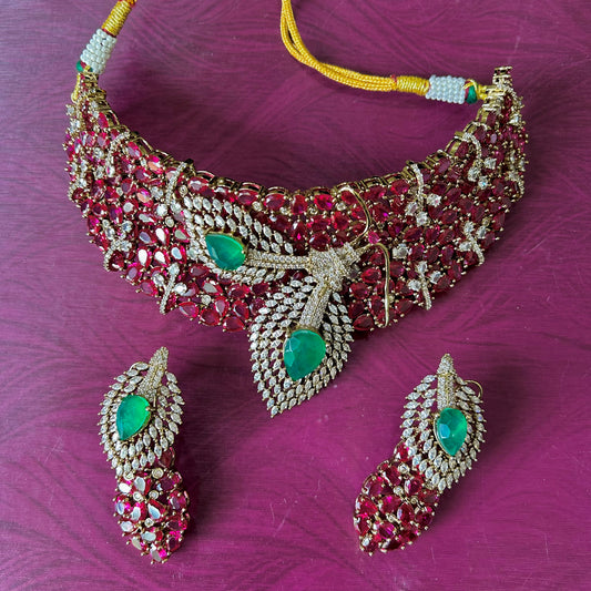 Ruby Red & Emerald Bridal Statement Necklace Set with Earrings | Luxury Wedding Jewelry