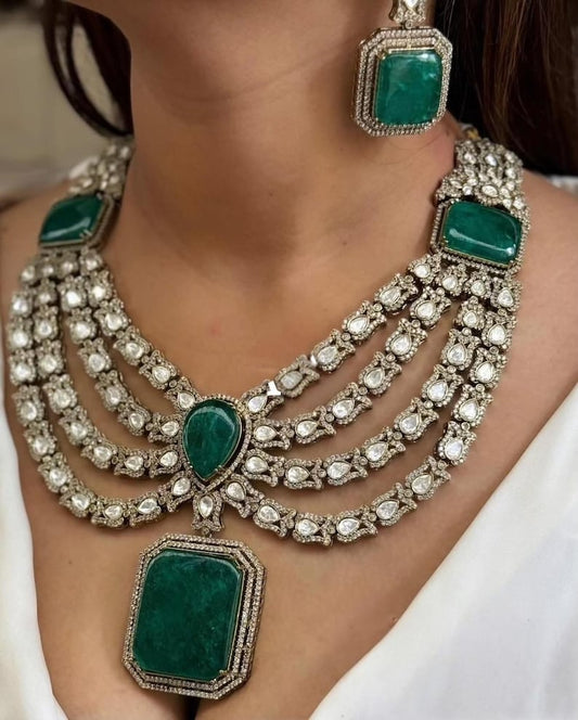 Doublet Stone With Moizzonite Polki Long Necklace Set