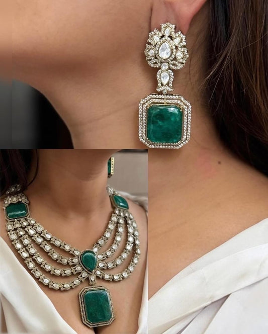 Doublet Stone With Moizzonite Polki Long Necklace Set