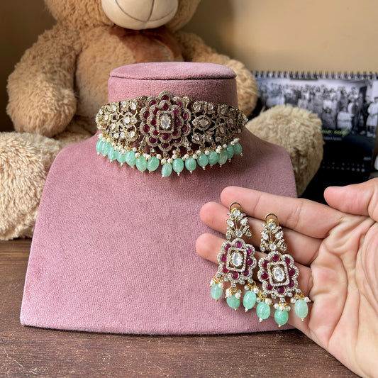 Polki Fluorite Beads Choker Set – Artistic Ethnic Elegance by Mercy Jewels