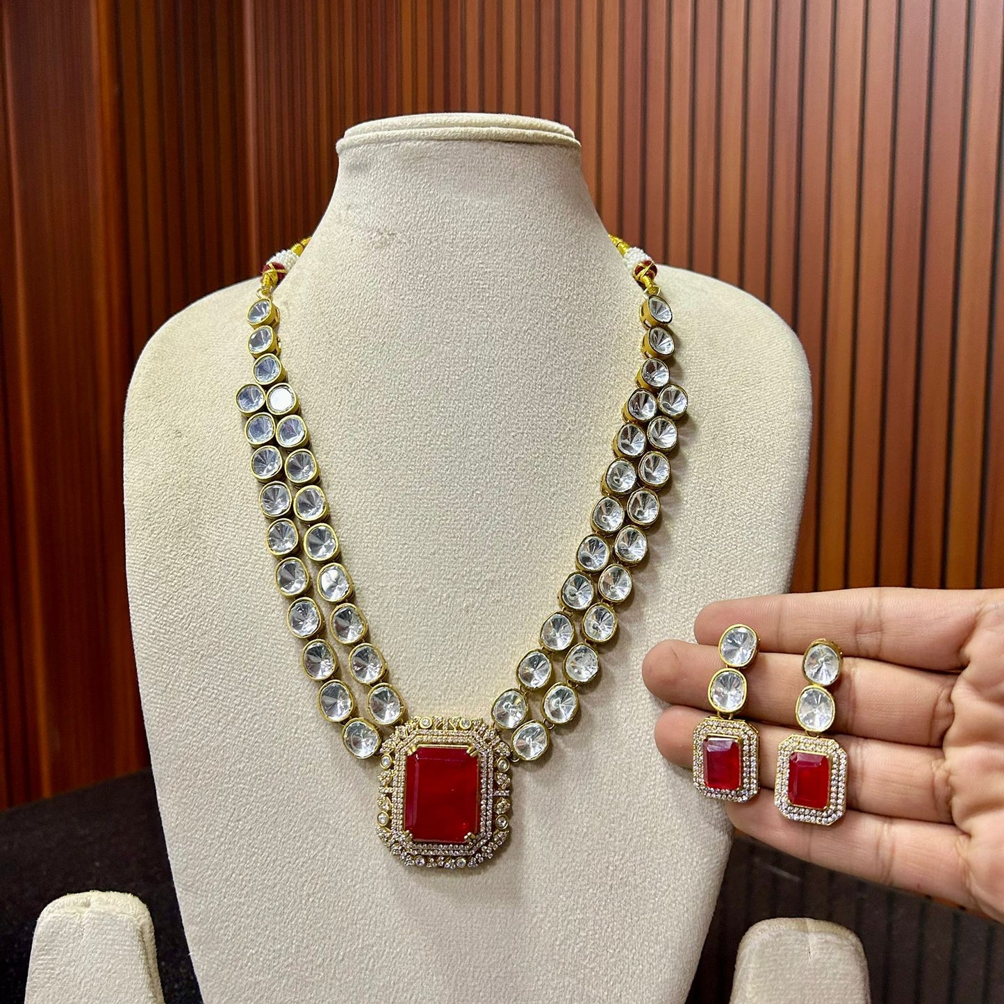 Double Layer Polki Necklace Set & Earrings – Elegant Ethnic Jewelry by Mercy Jewels