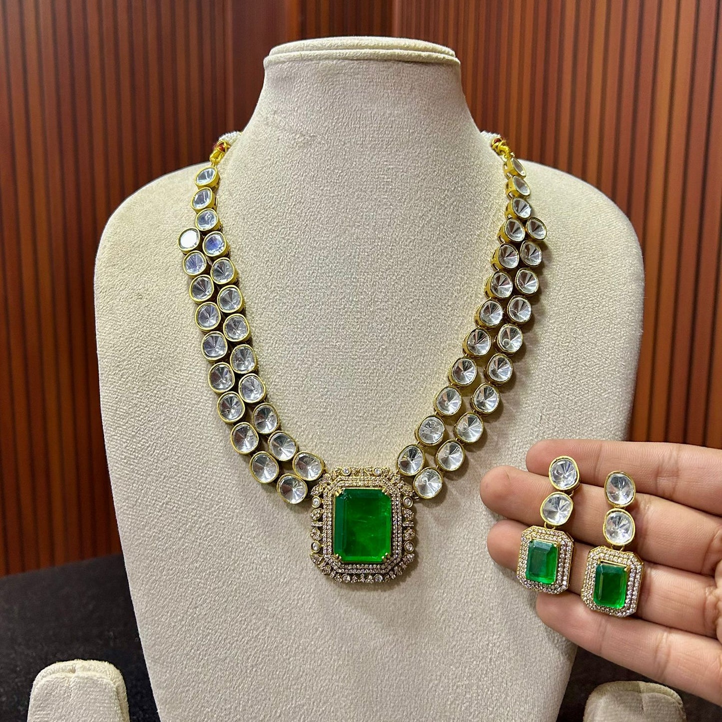 Double Layer Polki Necklace Set & Earrings – Elegant Ethnic Jewelry by Mercy Jewels