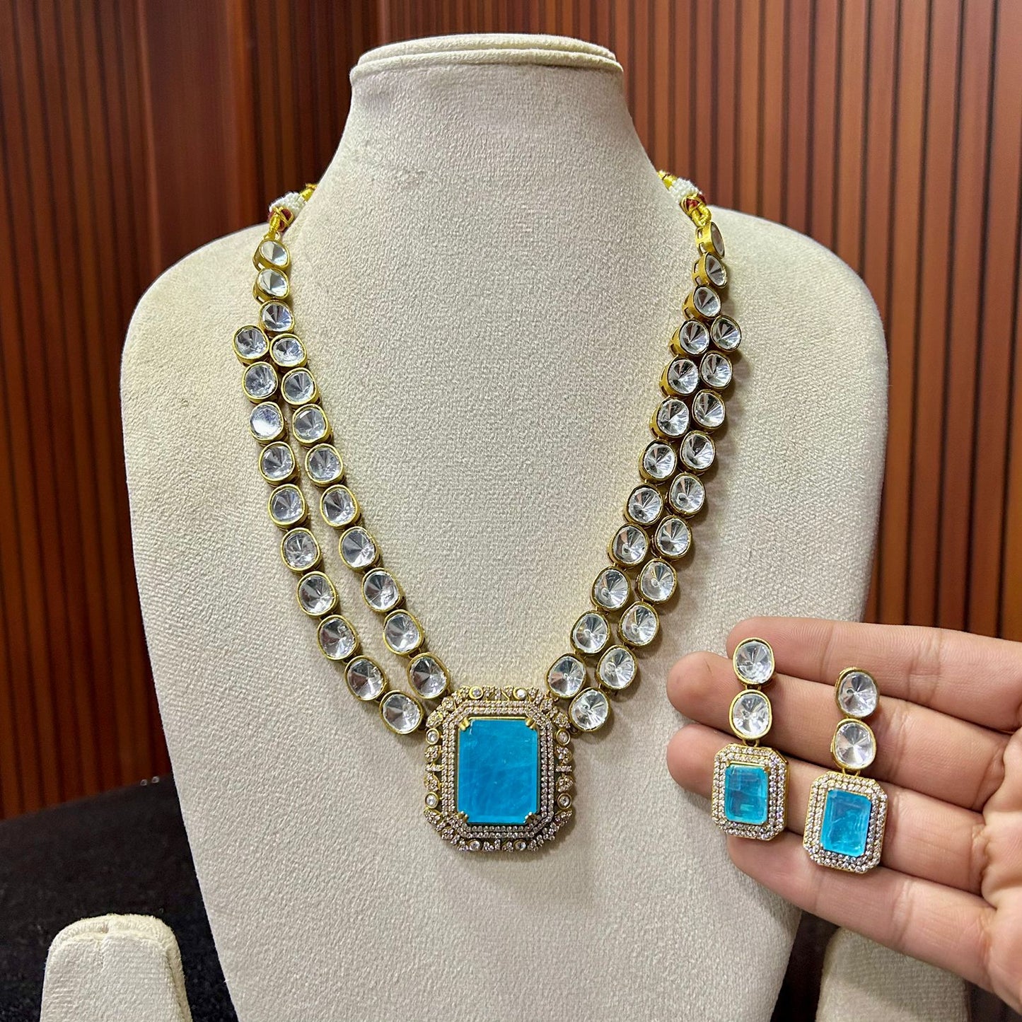 Double Layer Polki Necklace Set & Earrings – Elegant Ethnic Jewelry by Mercy Jewels