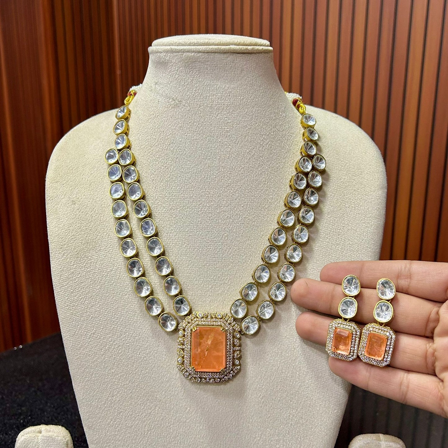 Double Layer Polki Necklace Set & Earrings – Elegant Ethnic Jewelry by Mercy Jewels