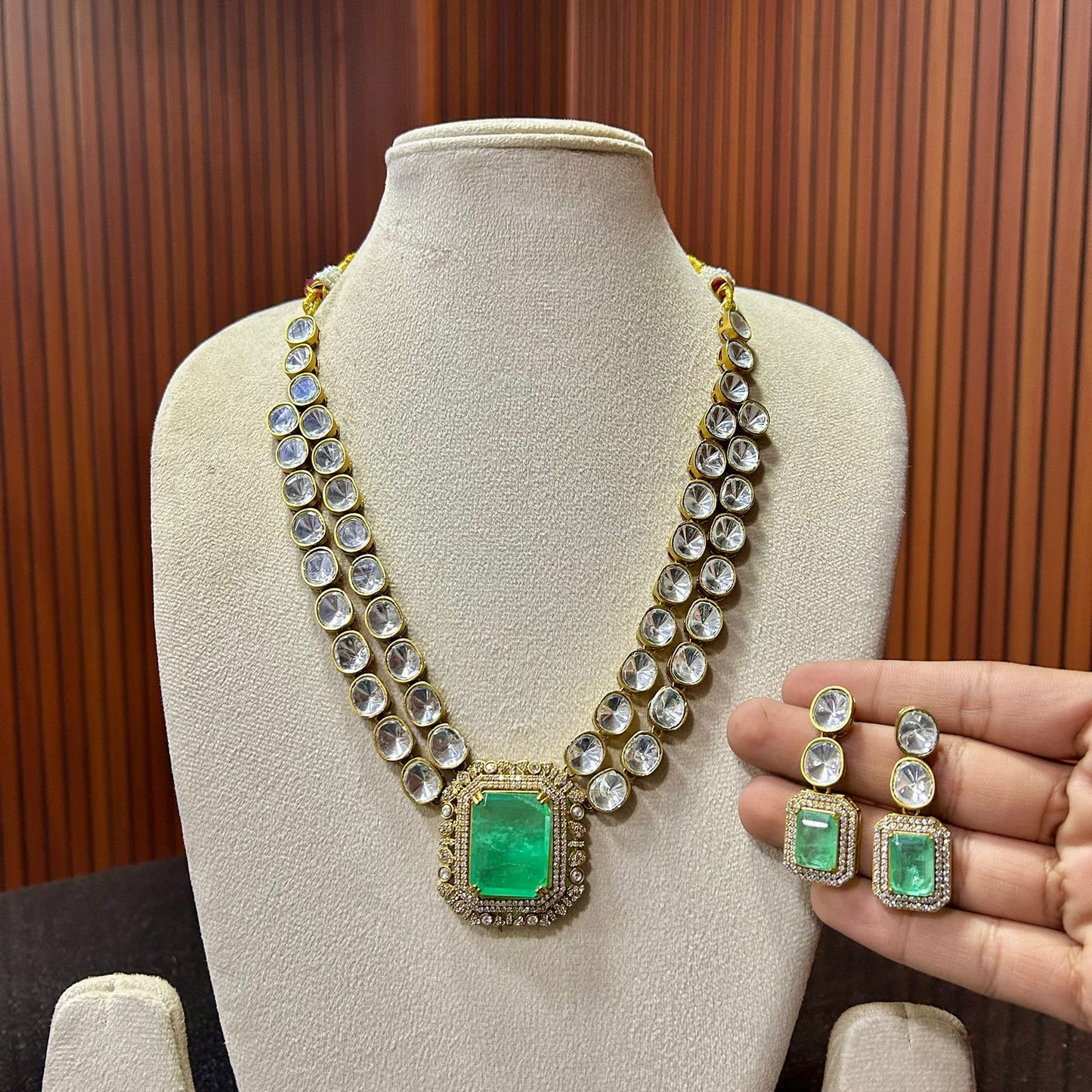 Double Layer Polki Necklace Set & Earrings – Elegant Ethnic Jewelry by Mercy Jewels