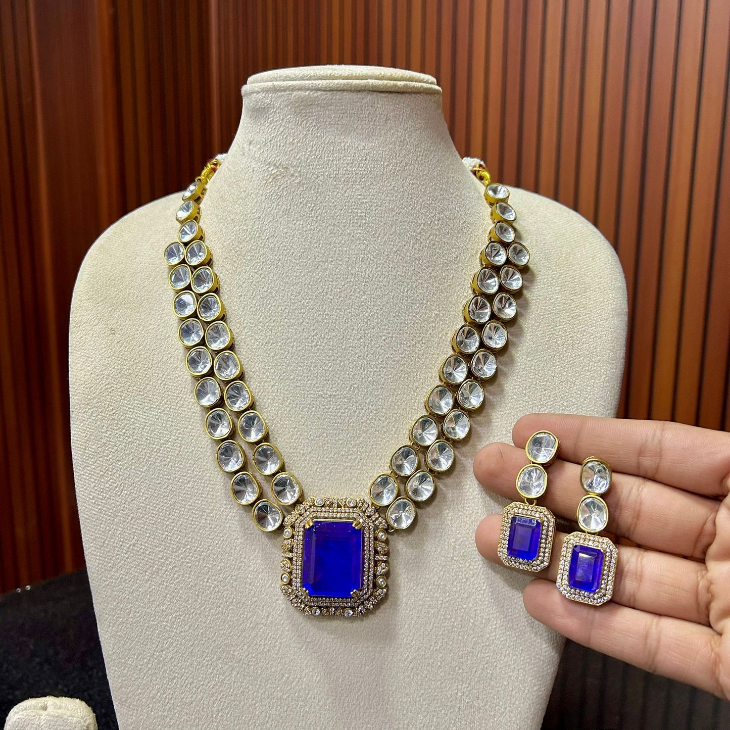 Double Layer Polki Necklace Set & Earrings – Elegant Ethnic Jewelry by Mercy Jewels