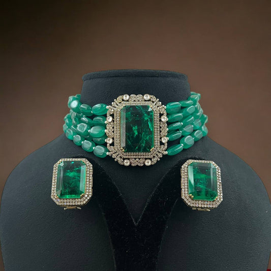 Emerald Green Multi-Layer Choker Necklace Set with Statement Earrings | Polki Diamond Look Bridal Jewellery