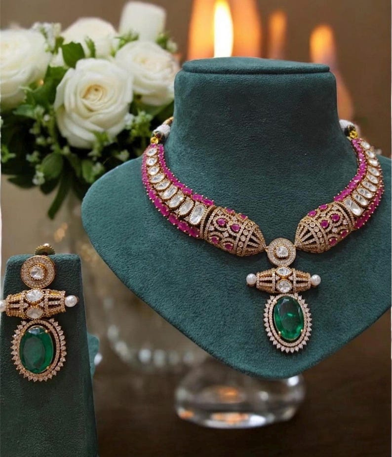 Luxury Ruby & Emerald Gold Necklace – Bridal Antique Kundan Choker
