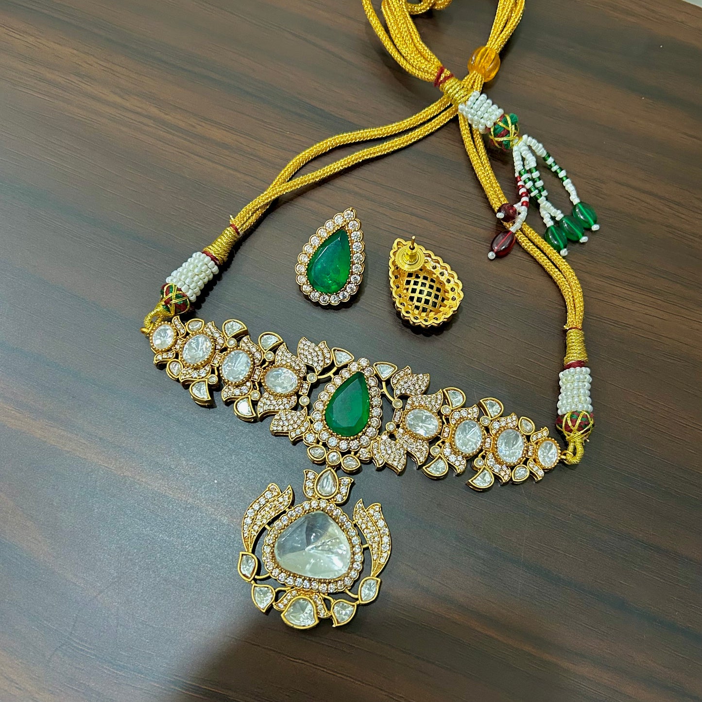 Gold Plated Kundan Polki & Green Stone Choker Necklace Set
