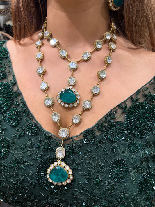 Royal Polki Style Layered Necklace Set with Ruby Stone Pendant | Bridal Statement Jewelry