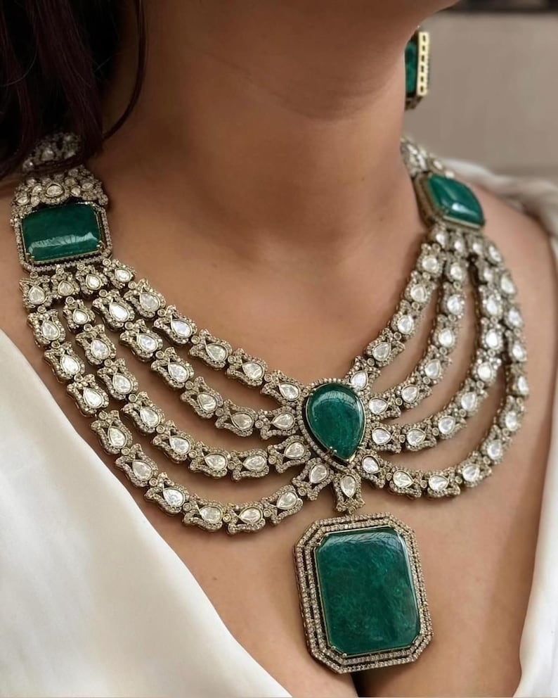 Doublet Stone With Moizzonite Polki Long Necklace Set