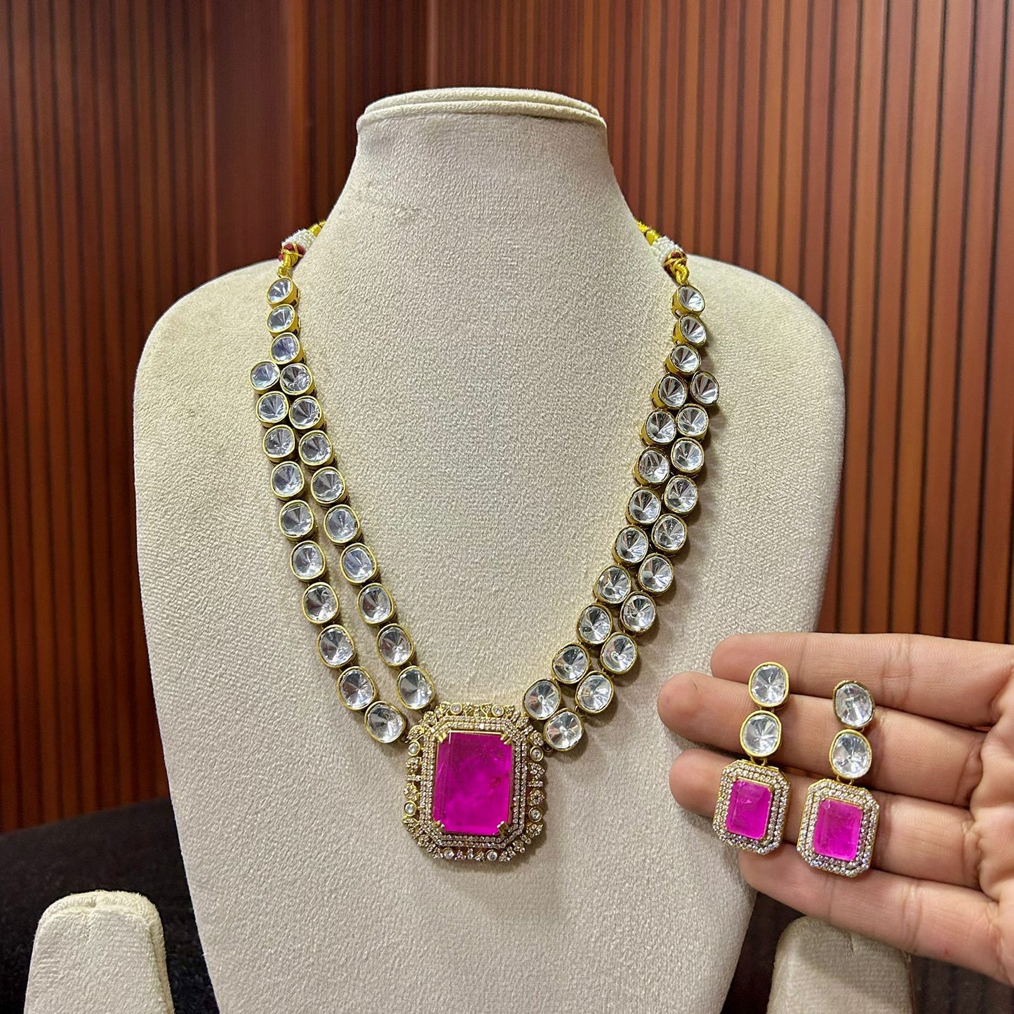 Double Layer Polki Necklace Set & Earrings – Elegant Ethnic Jewelry by Mercy Jewels