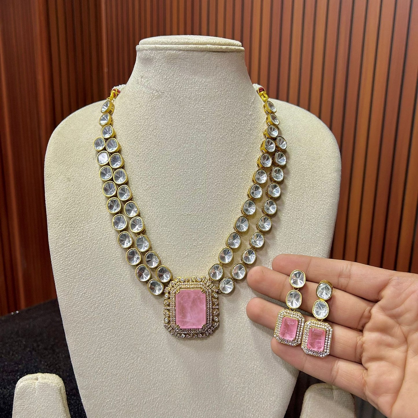 Double Layer Polki Necklace Set & Earrings – Elegant Ethnic Jewelry by Mercy Jewels